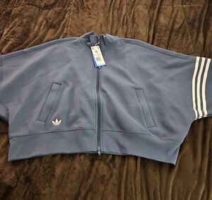 Adidas Blue Zip-Up Cropped Jacket with Stripes